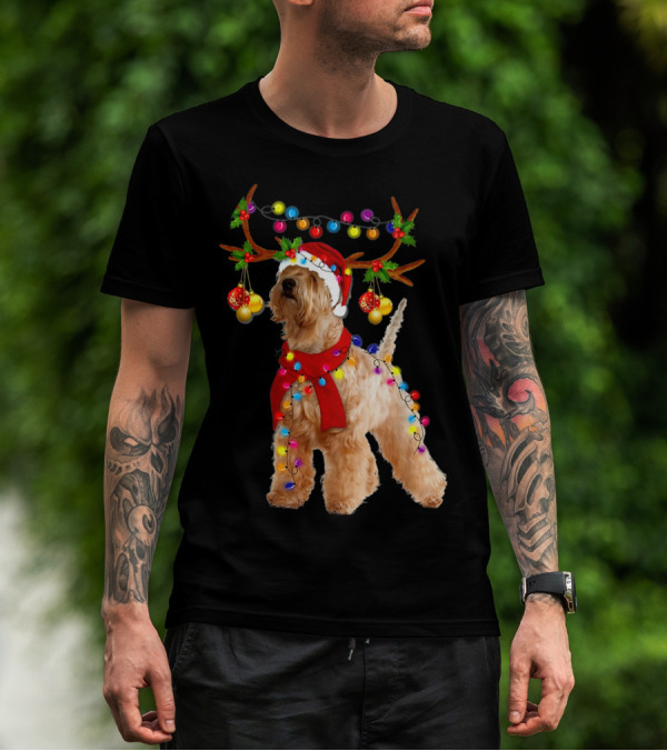Wheaten Terrier Santa Reindeer With Festive Christmas Lights T-Shirt