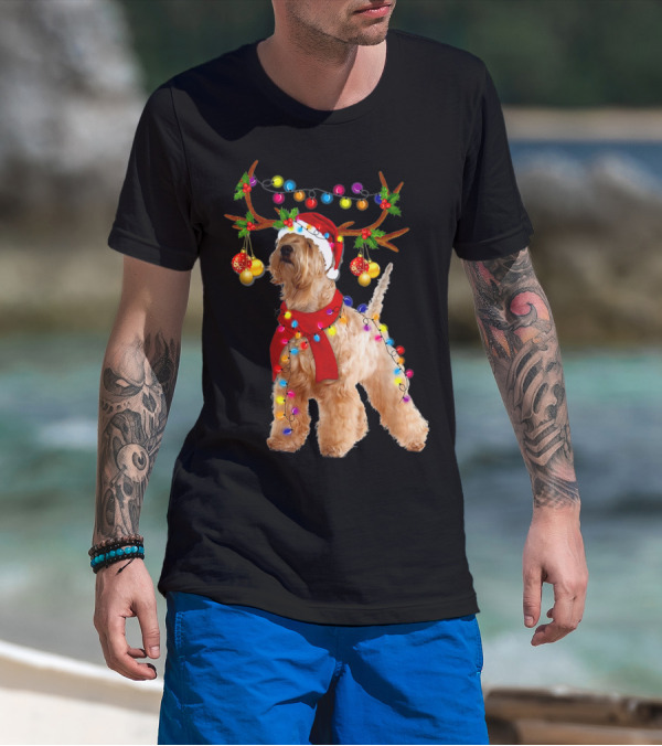 Wheaten Terrier Santa Reindeer With Festive Christmas Lights T-Shirt