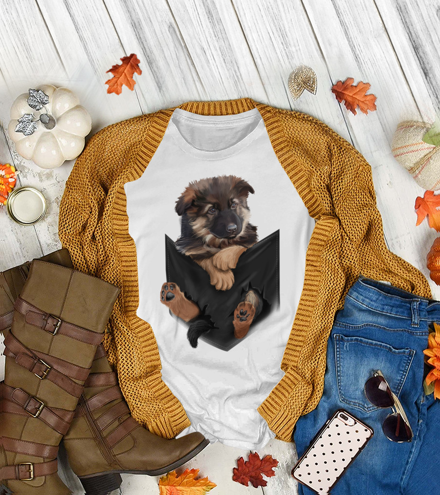 German Shepherd Puppy in Black Pocket T-Shirt