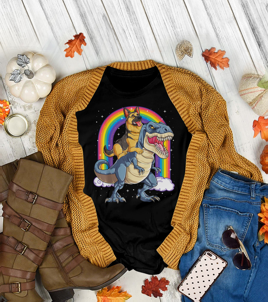 German Shepherd Riding Dinosaur Rex with Rainbow and Stars T-Shirt