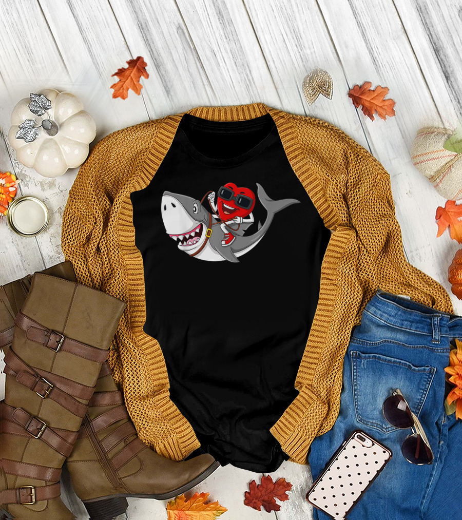 Heart Riding Shark Valentine's Day Adventure T-Shirt