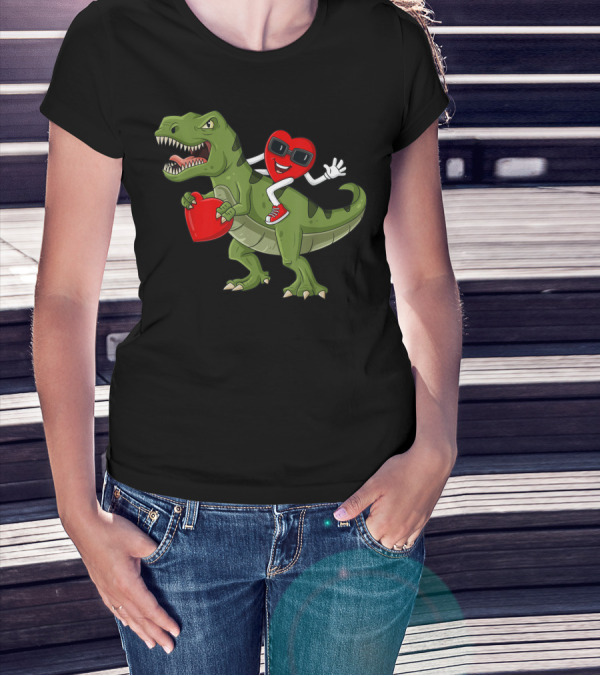 Heart Riding T-Rex Holding Valentines Day Hearts T-Shirt