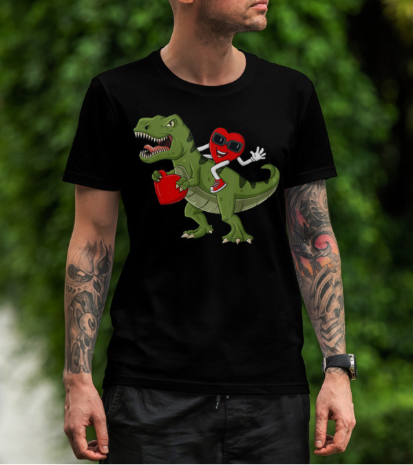 Heart Riding T-Rex Holding Valentines Day Hearts T-Shirt