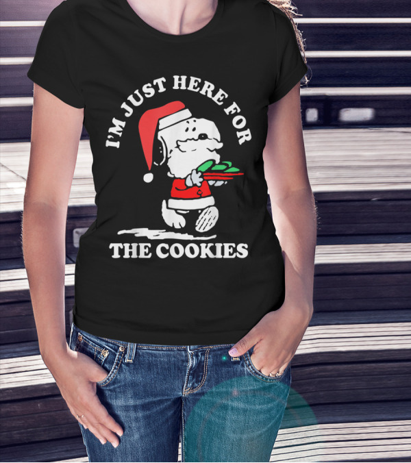 I'm Just Here For The Cookies Santa Hat Dog Carrying Christmas Cookies T-Shirt