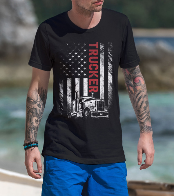 Trucker American Flag Vintage Truck Mens T-Shirt