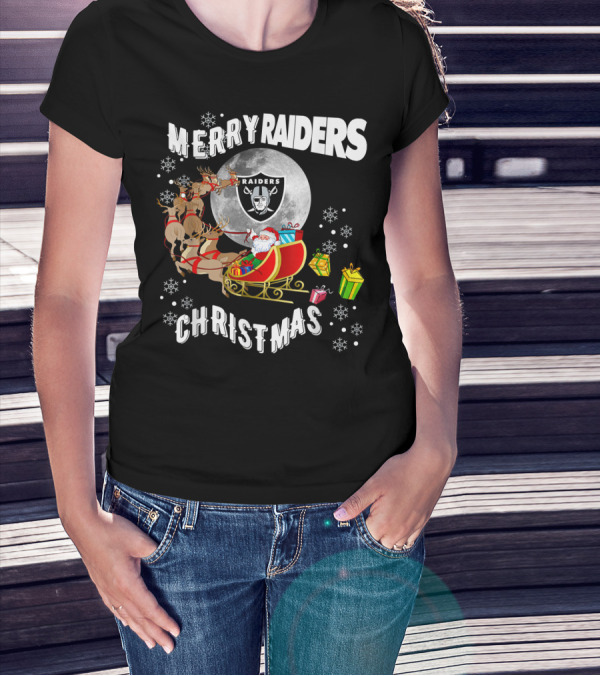Merry Raiders Christmas Santa Sleigh Snowflakes Reindeer Presents T-Shirt