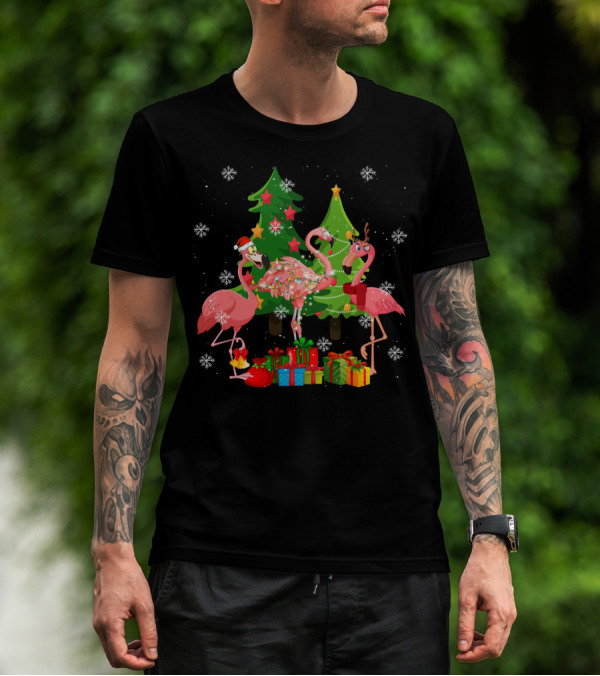 Merry Flocking Christmas Cute Flamingo Snowflake Presents T-Shirt