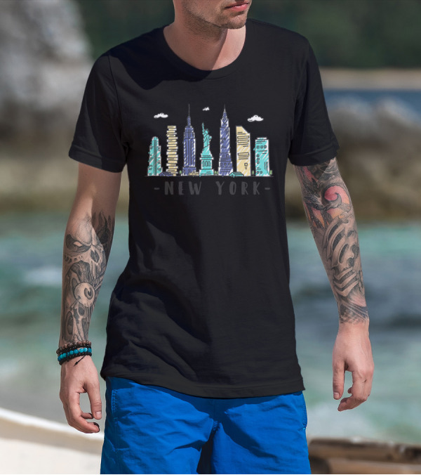 New York Skyline NYC Watercolor Landmarks Statue Of Liberty T-Shirt