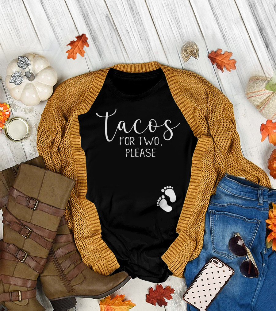 Tacos for Two, Please Pregnancy Announcement with Baby Footprints T-Shirt