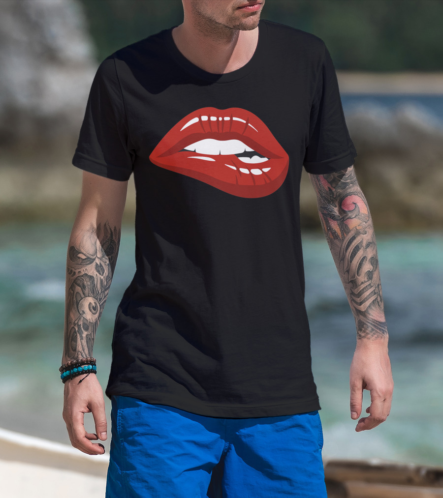Red Lips Biting Lipstick Makeup Iconic Red Pout T-Shirt