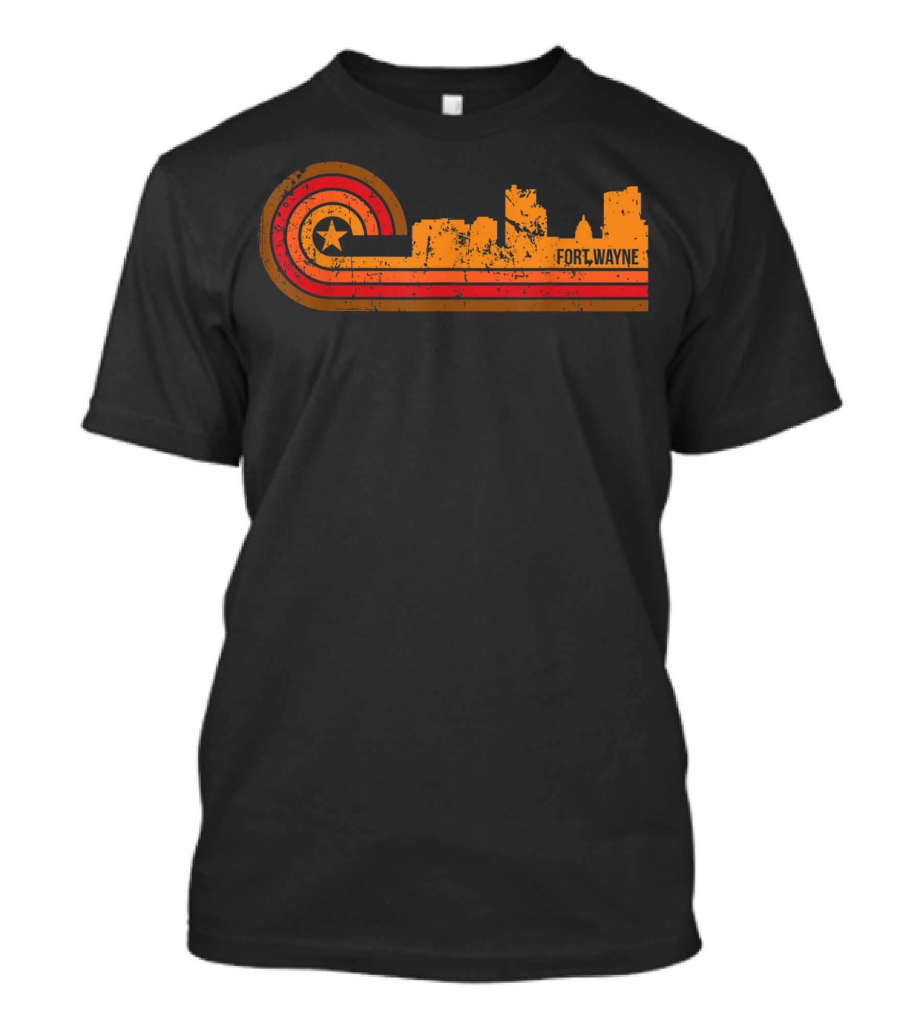 Retro Fort Wayne Indiana Skyline With Star And Stripes T-Shirt
