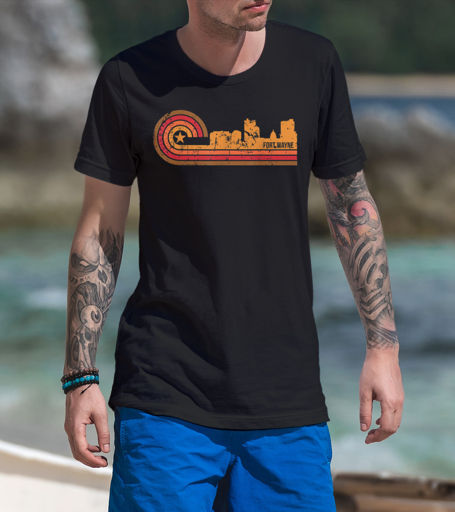 Retro Fort Wayne Indiana Skyline With Star And Stripes T-Shirt