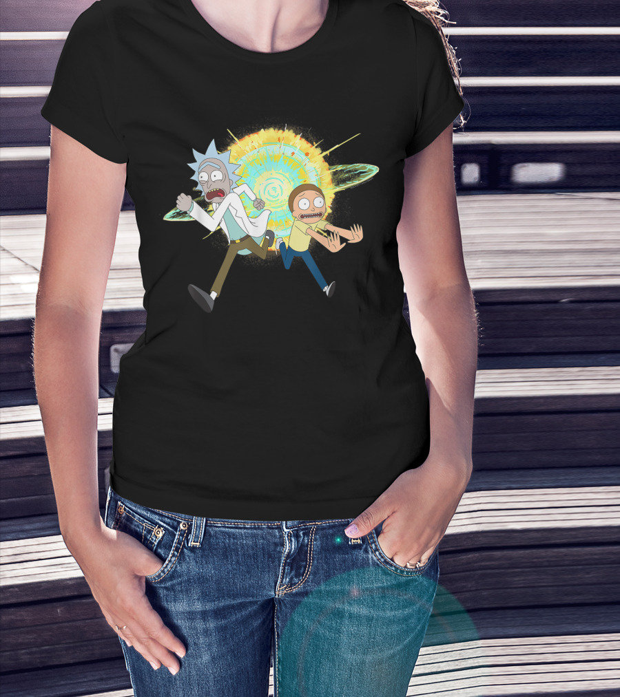 Rick And Morty Running From A Portal Explosion T-Shirt