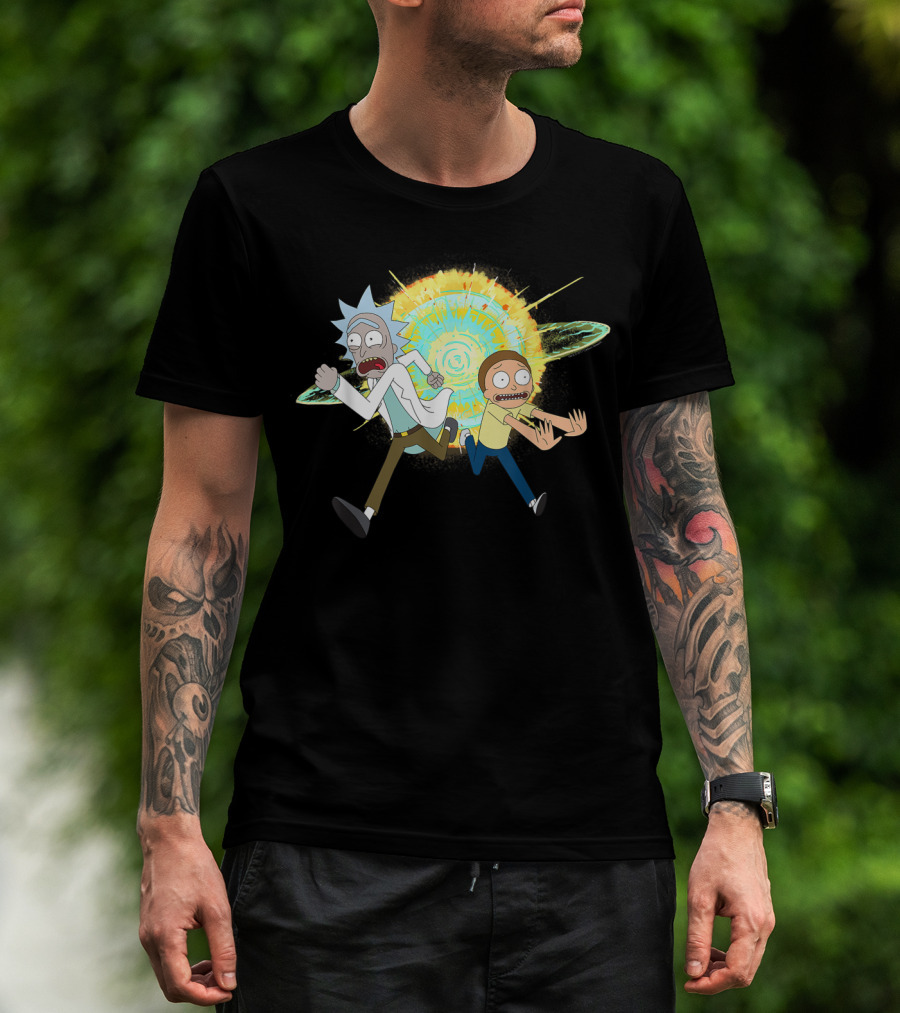 Rick And Morty Running From A Portal Explosion T-Shirt