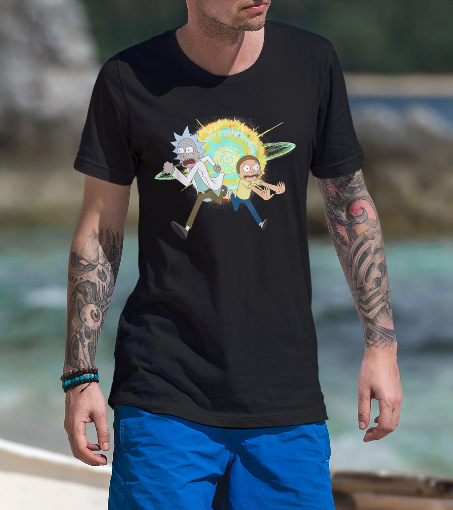 Rick And Morty Running From A Portal Explosion T-Shirt