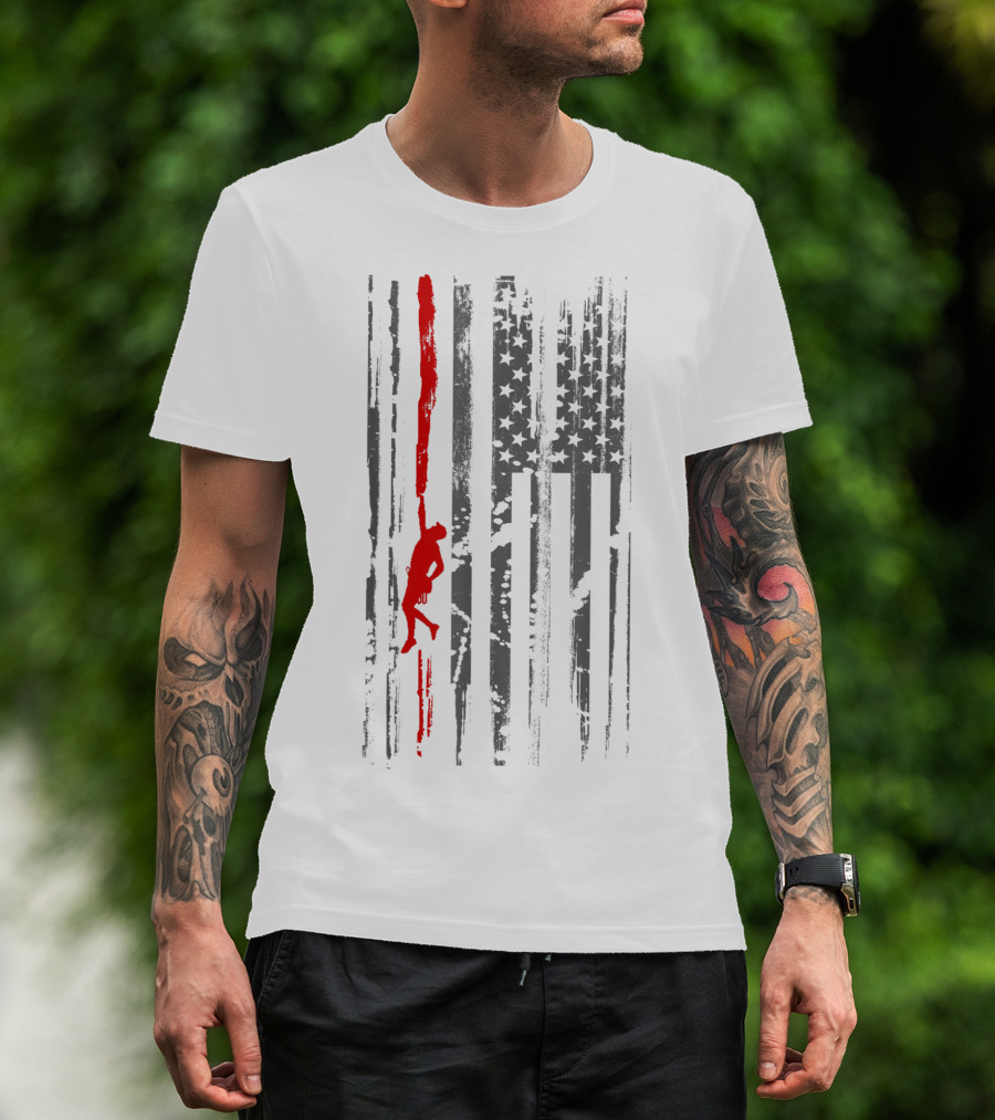 Rock Climbing Silhouette On American Flag Stripes And Stars T-Shirt