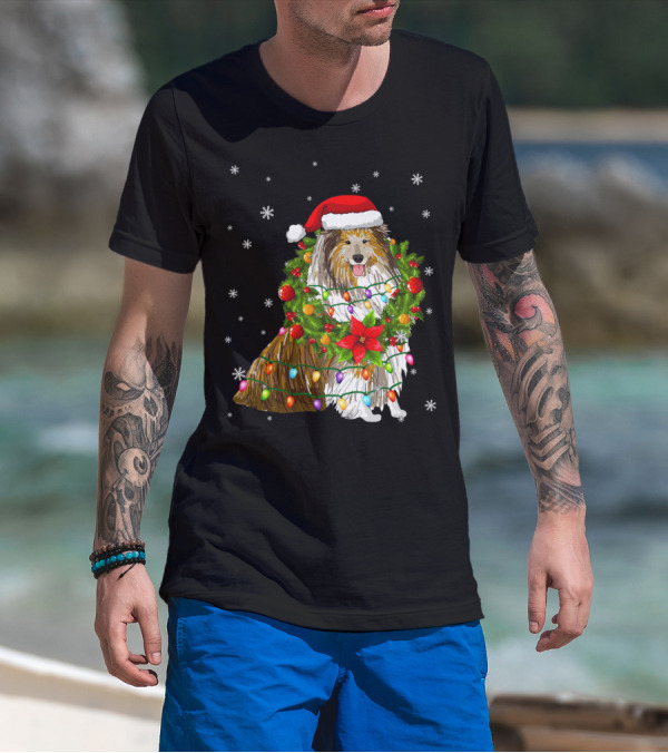 Santa Collie Dog Wrapped In Christmas Lights And Festive Garland T-Shirt
