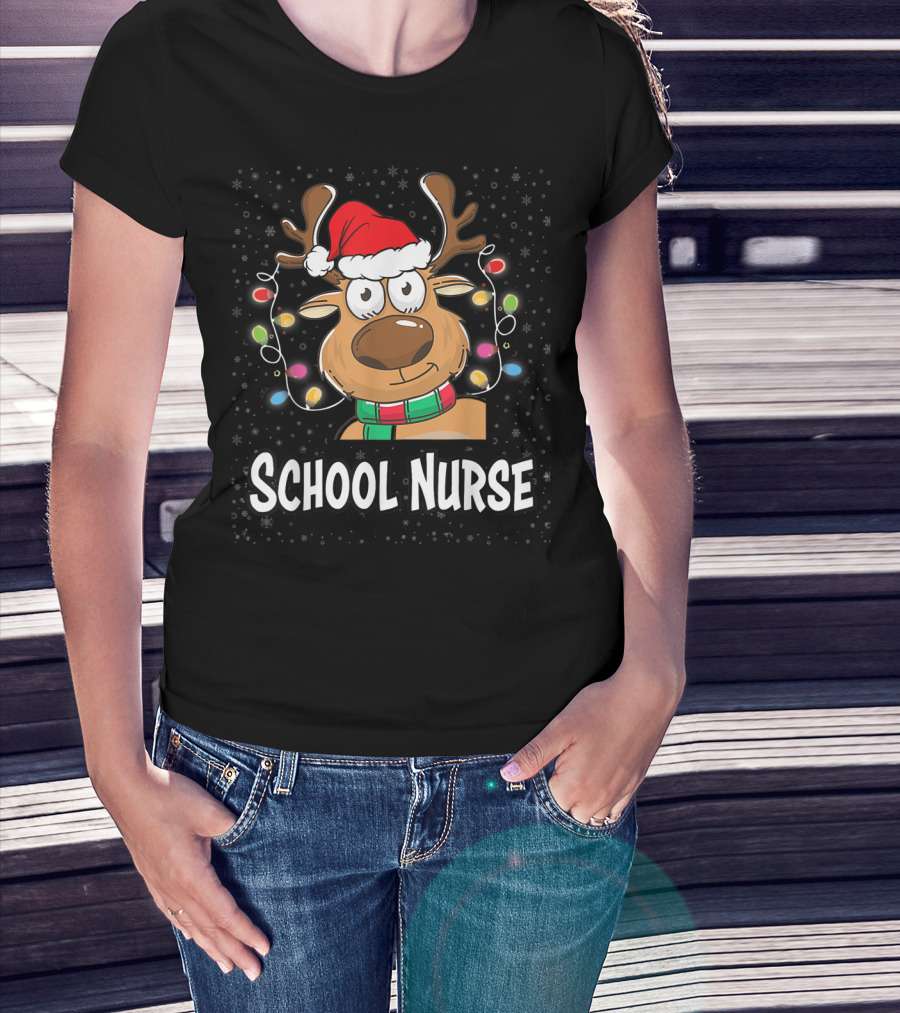 Santa Reindeer School Nurse Festive Christmas Lights T-Shirt