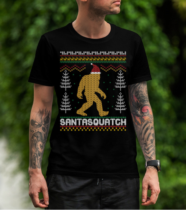 Santasquatch Bigfoot Christmas Sweater Pattern With Santa Hat And Trees T-Shirt