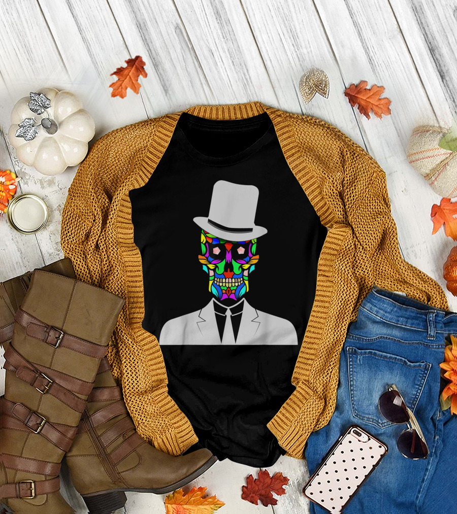 Sugar Skull Baron Samedi Voodoo Colorful Mask in Suit and Top Hat T-Shirt