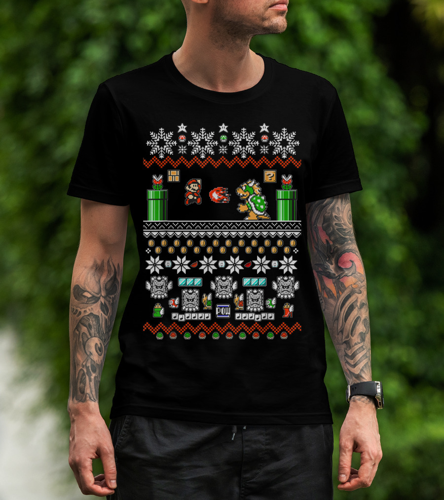 Super Mario And Bowser Pixel Art Holiday Theme With Coin And Mushroom Elements T-Shirt