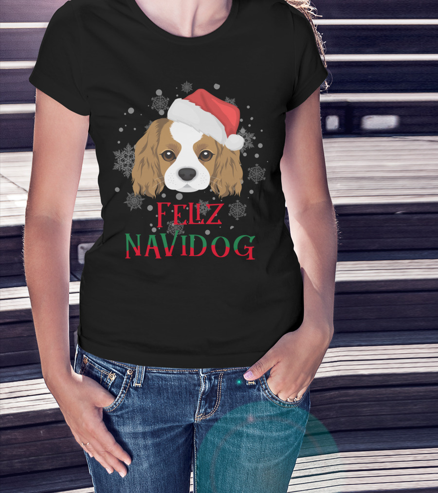 Feliz Navidog Charles Spaniel Santa Hat Snowflakes T-Shirt