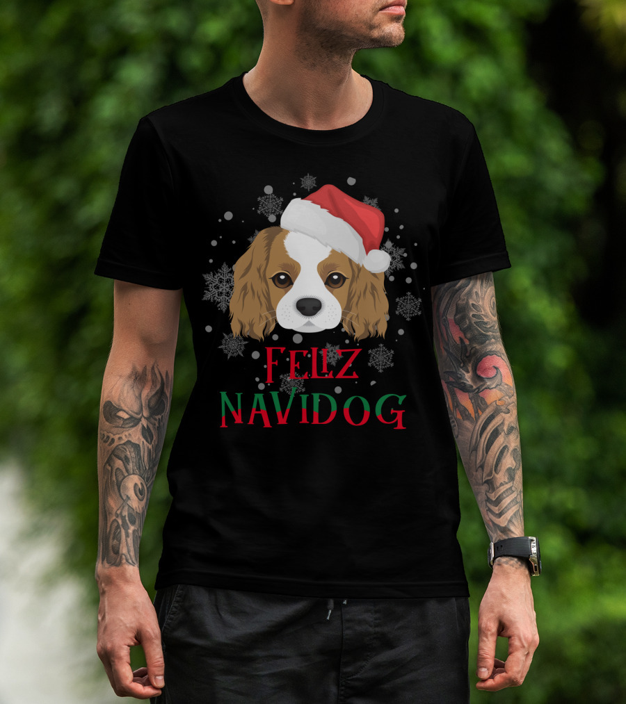 Feliz Navidog Charles Spaniel Santa Hat Snowflakes T-Shirt