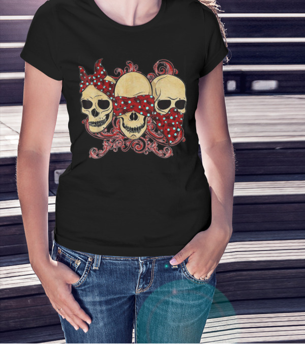 Tattoo Skull See No Evil Hear No Evil Speak No Evil Skulls With Polka Dot Bandanas T-Shirt