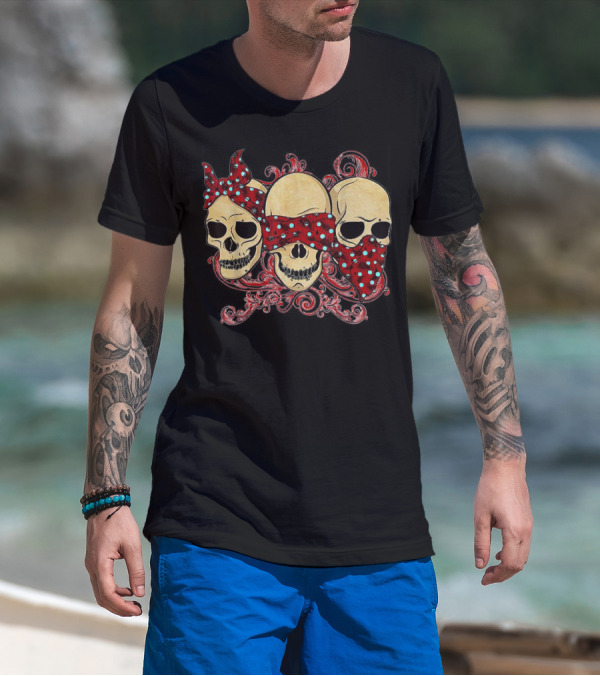 Tattoo Skull See No Evil Hear No Evil Speak No Evil Skulls With Polka Dot Bandanas T-Shirt