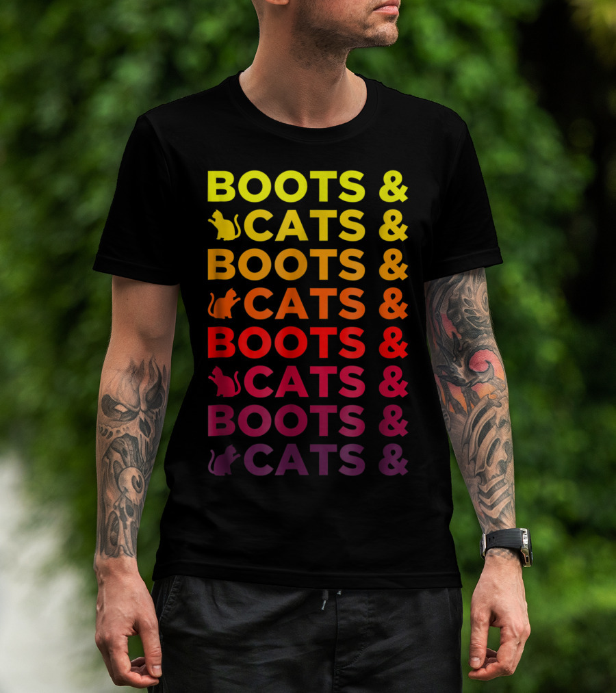 Boots And Cats EDM Rave Festival Funny Repeating Text And Cat T-Shirt
