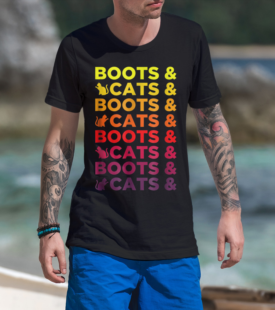 Boots And Cats EDM Rave Festival Funny Repeating Text And Cat T-Shirt