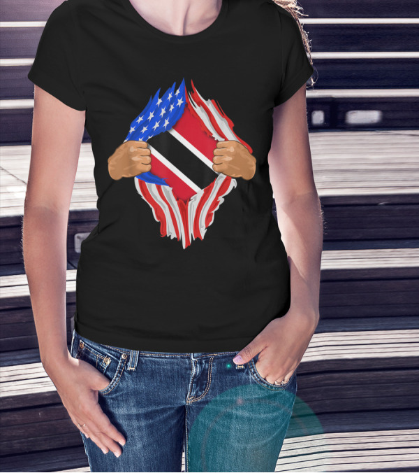 American And Trinidad And Tobago Flag Ripped Open T-Shirt