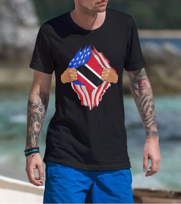American And Trinidad And Tobago Flag Ripped Open T-Shirt