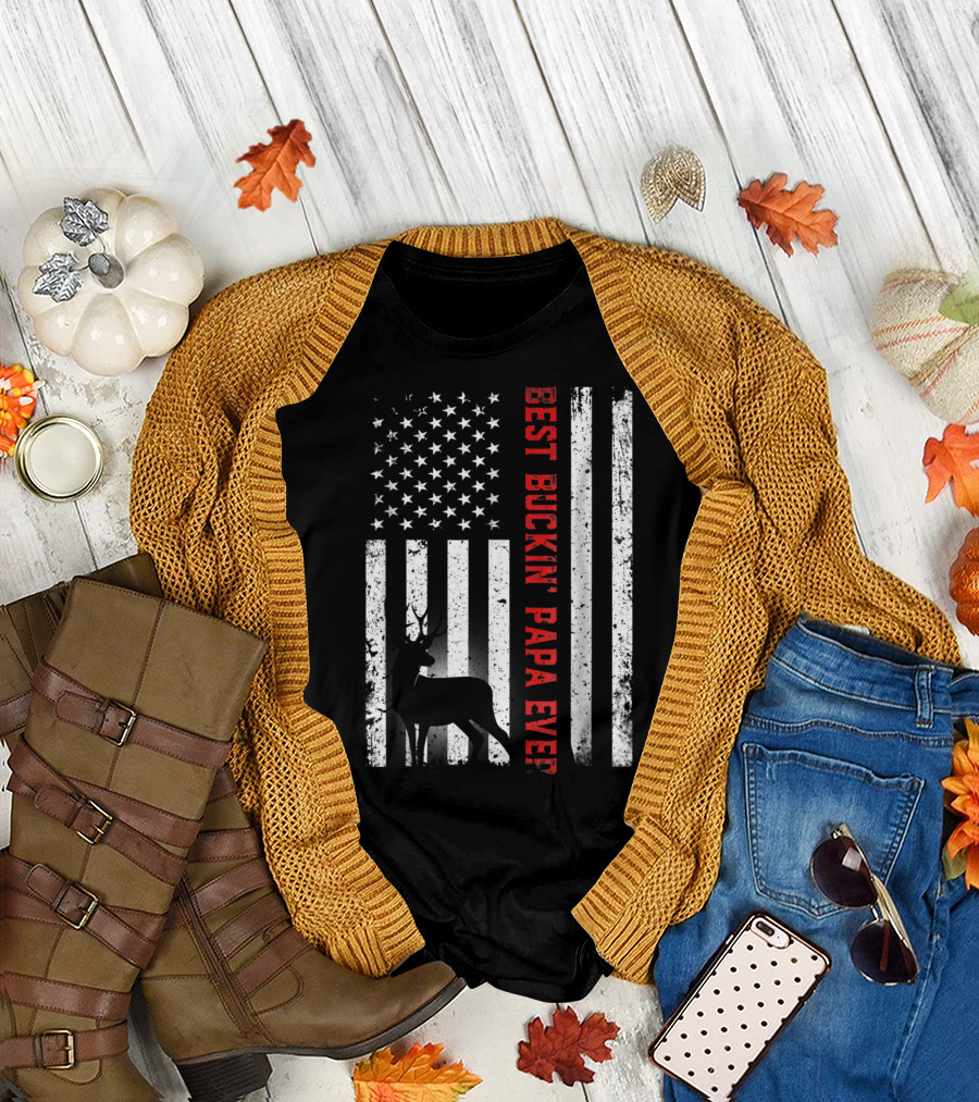 Best Buckin' Papa Ever USA Flag Deer Hunting T-Shirt