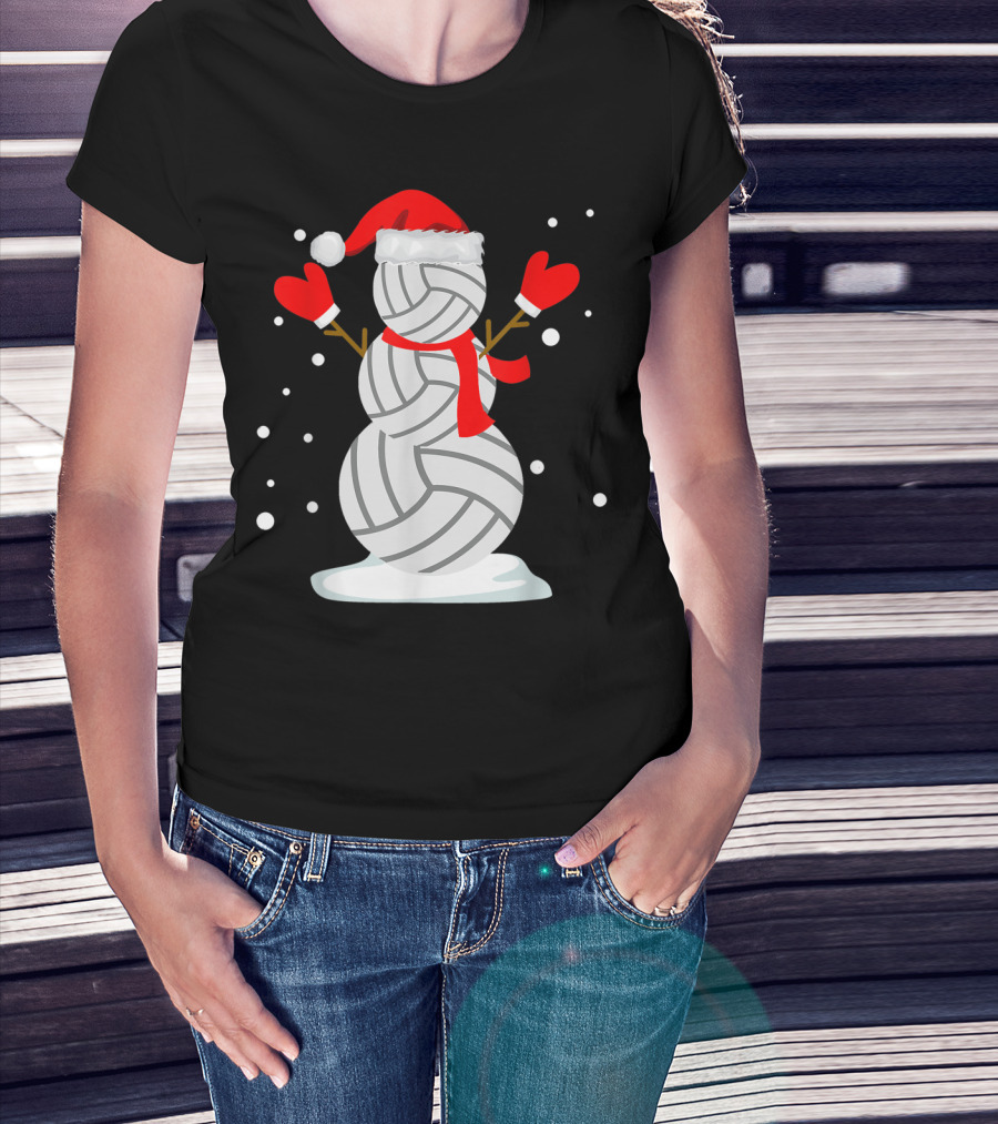 Volleyball Snowman With Santa Hat And Red Mittens T-Shirt