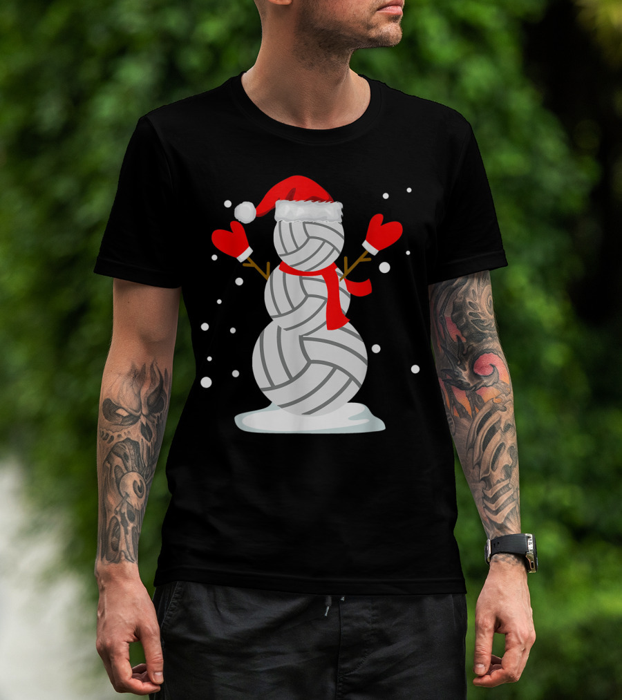 Volleyball Snowman With Santa Hat And Red Mittens T-Shirt