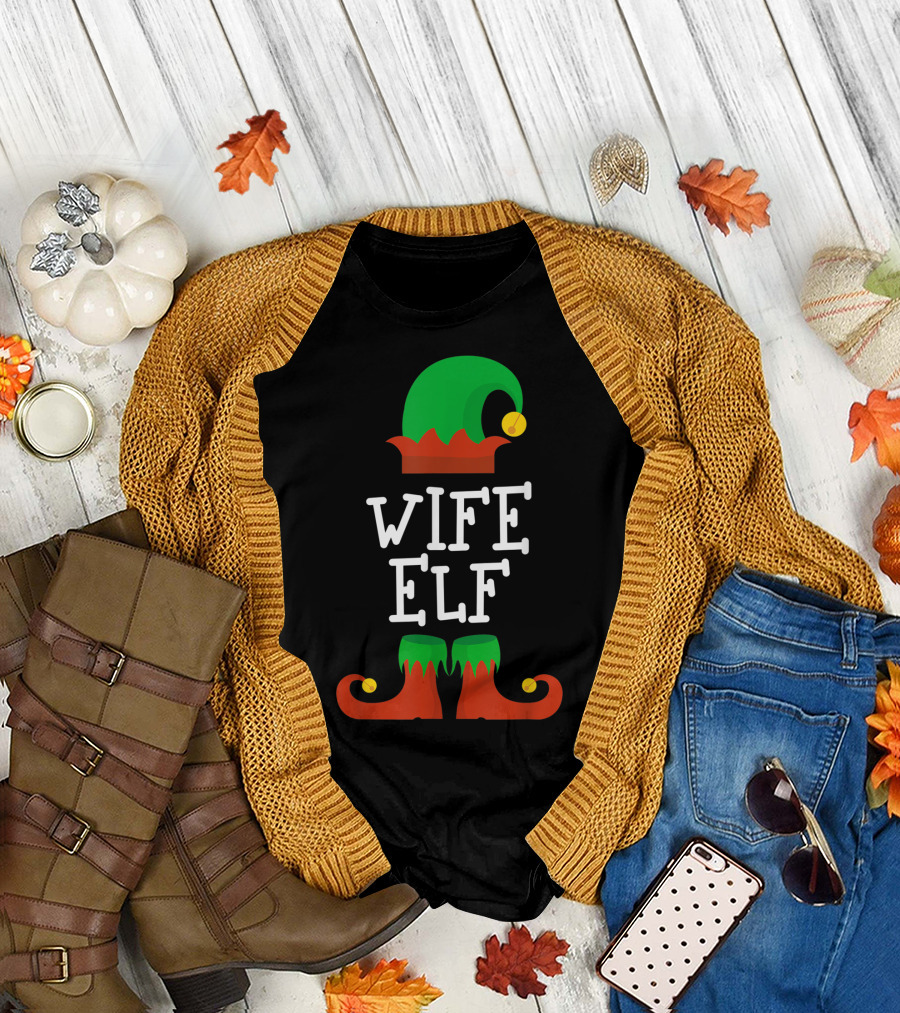 Wife Elf Christmas Holiday Costume Hat and Shoes T-Shirt