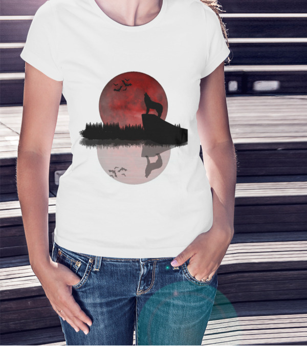 Wolf Howling At Blood Moon With Bats Silhouette And Starry Night Reflection T-Shirt
