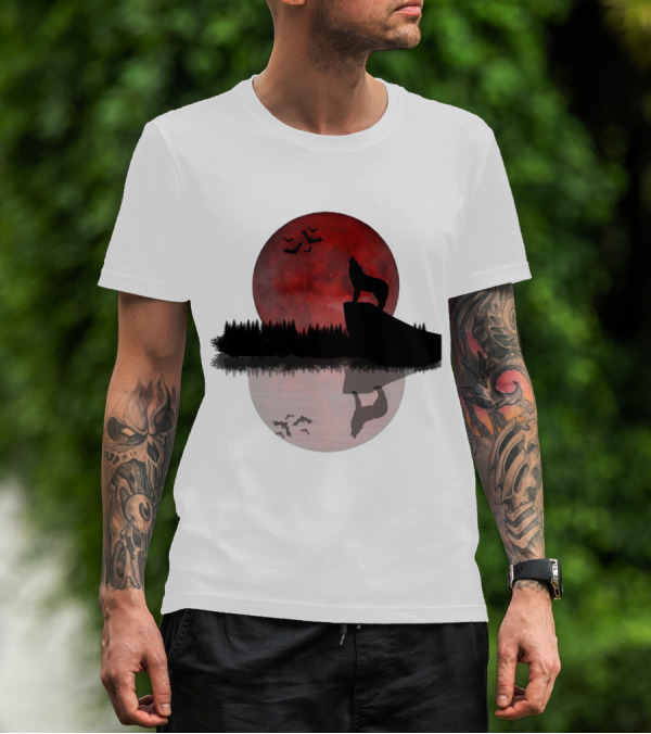 Wolf Howling At Blood Moon With Bats Silhouette And Starry Night Reflection T-Shirt
