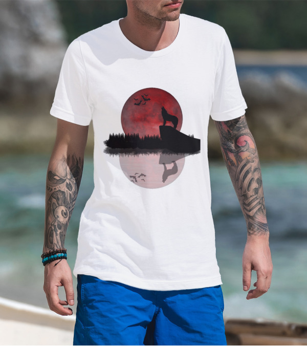 Wolf Howling At Blood Moon With Bats Silhouette And Starry Night Reflection T-Shirt