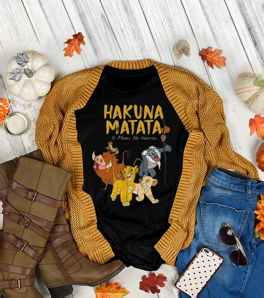 Hakuna Matata Disney Lion King It Means No Worries Characters Rafiki Simba Timon Pumbaa T-Shirt