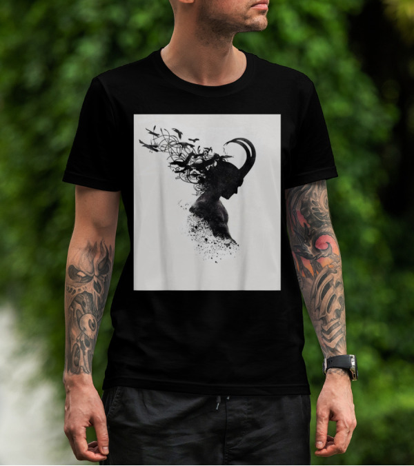 Loki Norse God Of Mischief Silhouette With Birds And Horns T-Shirt