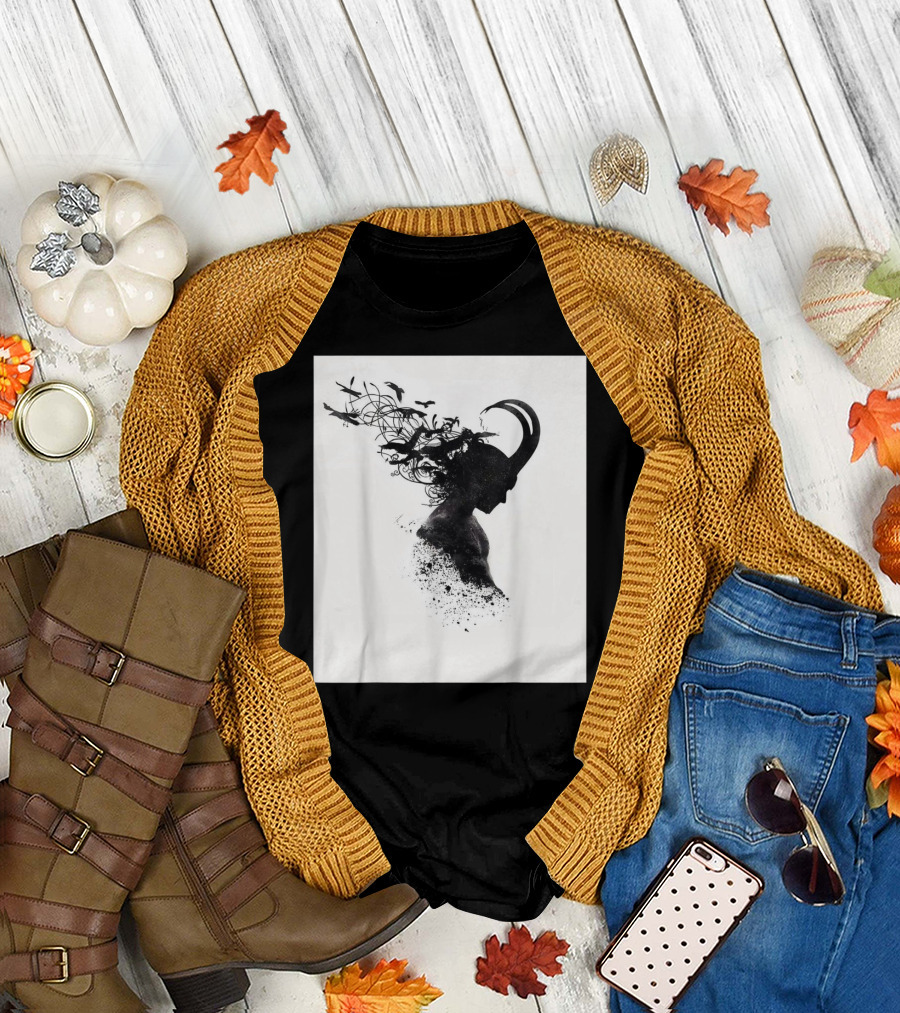 Loki Norse God of Mischief Silhouette with Birds and Horns T-Shirt