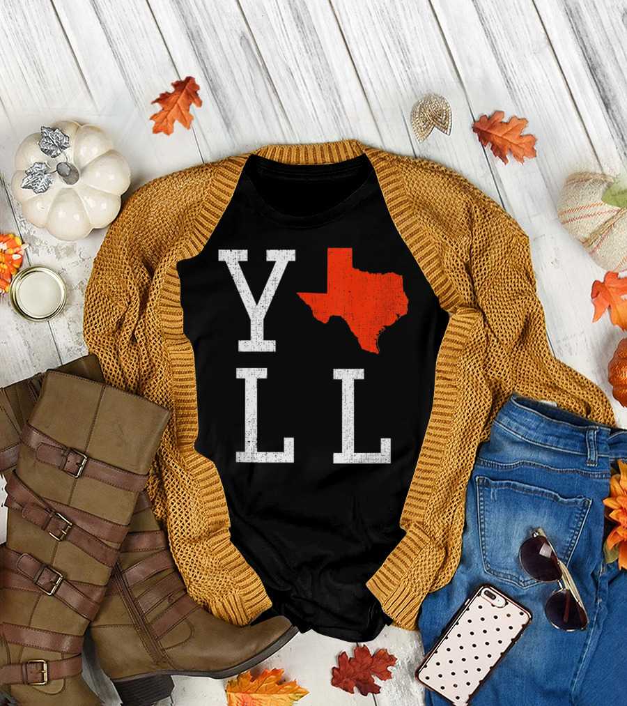Yall Texas Distressed with Red Texas State Outline T-Shirt