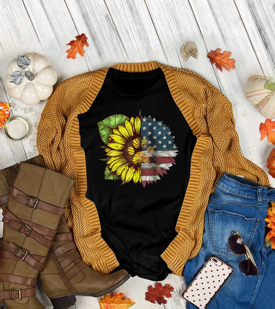 Dog Sunflower American Flag Paw Patriotic July 4th T-Shirt