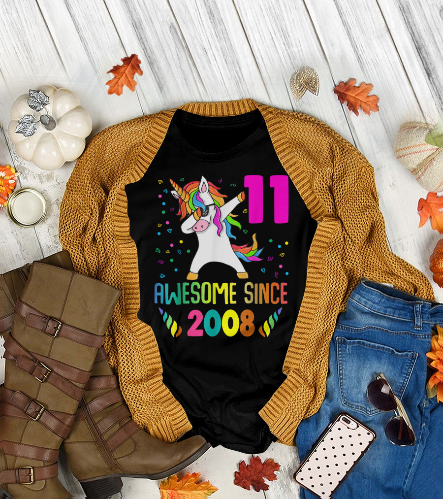 11 Awesome Since 2008 Unicorn Dabbing Birthday T-Shirt