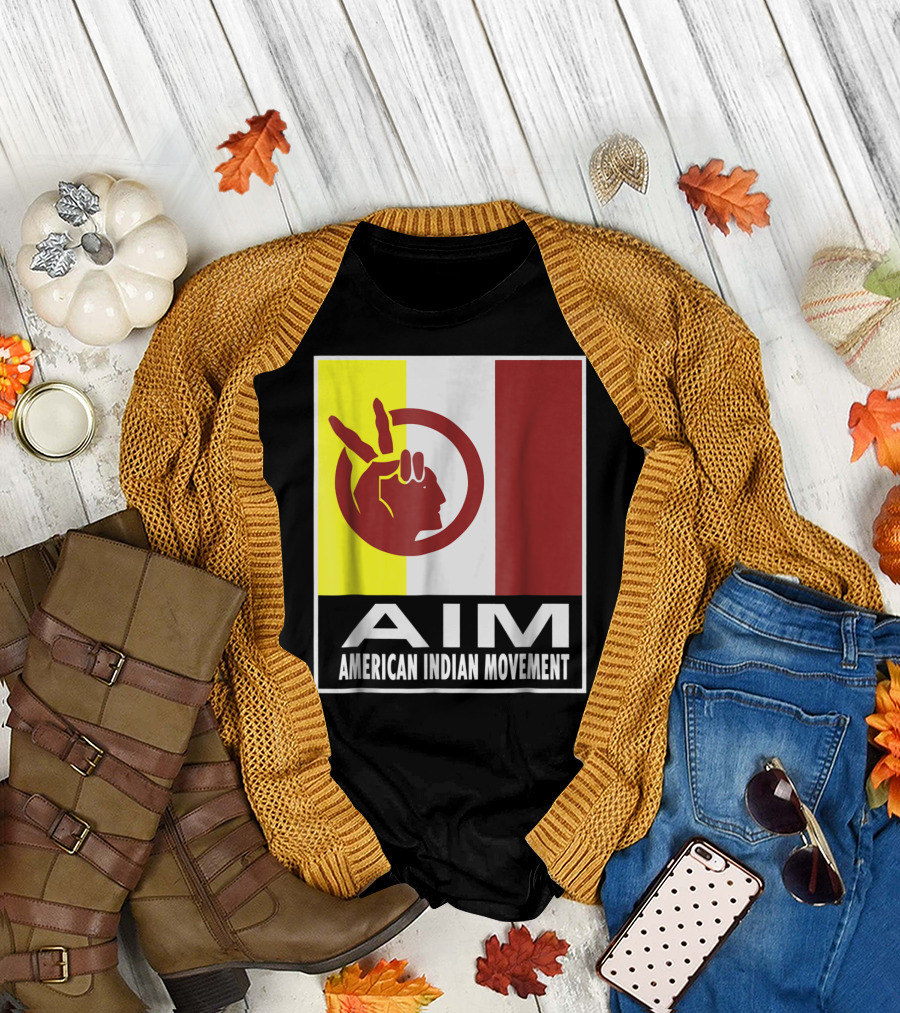 AIM American Indian Movement Flag with Red Peace Hand Symbol T-Shirt