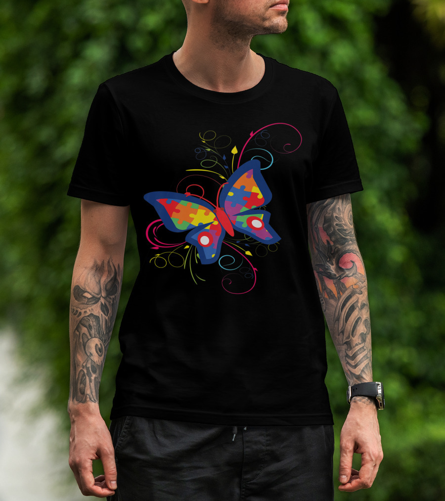 Autism Awareness Puzzle Butterfly Colorful Swirl T-Shirt