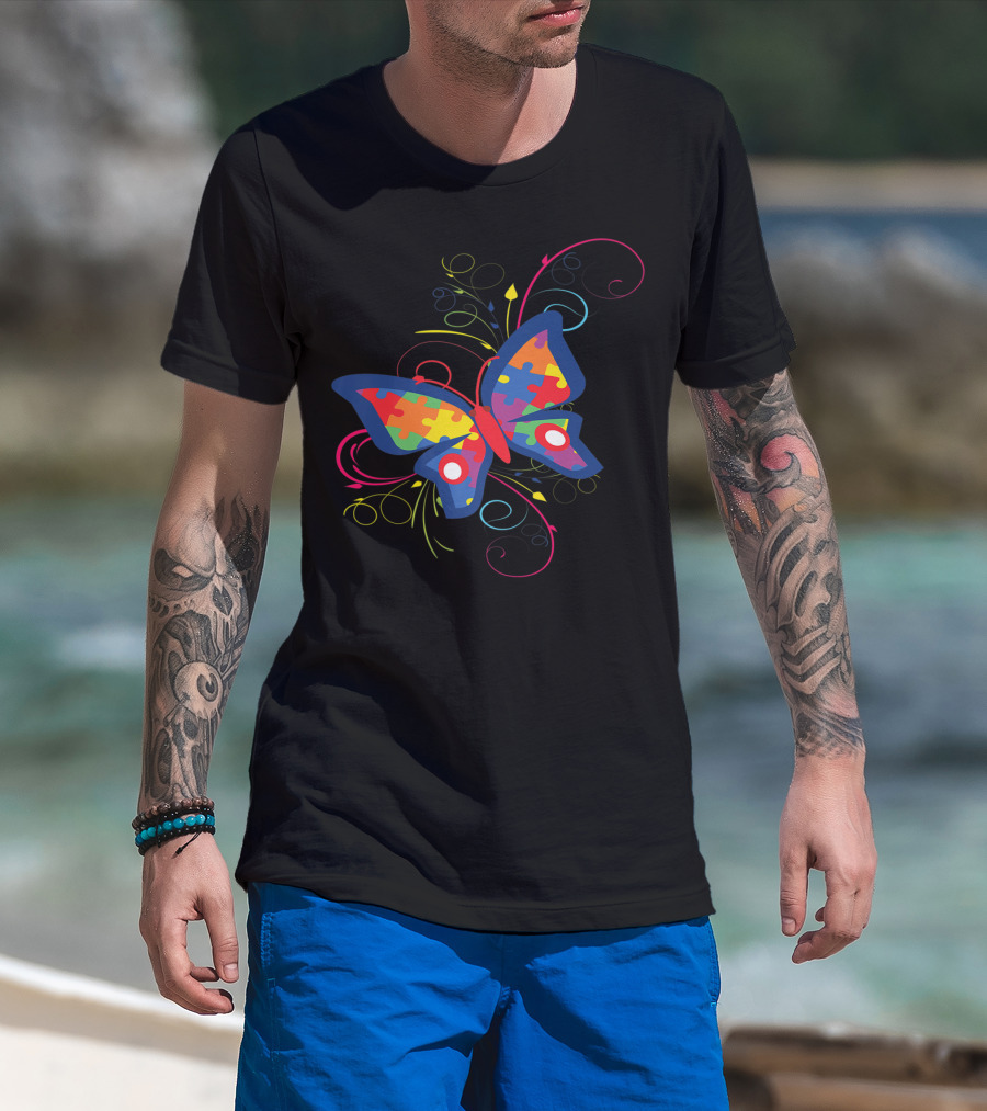 Autism Awareness Puzzle Butterfly Colorful Swirl T-Shirt