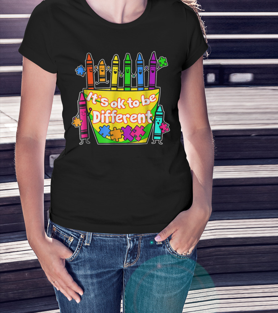 Autism Awareness Crayons It's Ok To Be Different Puzzle Pieces T-Shirt